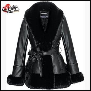 Faux Leather Jacket with Faux Fur Collar, Peplum Parka Coat with Belt
